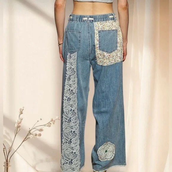 POL Boho Patchwork Denim Pants | Floral Appliqué Wide Leg Drawstring Jeans - Picture 4 of 9